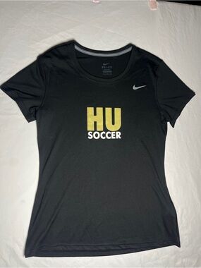 Nike DRI-Fit HU Soccer T-Shirt Solid Black With Gold Black Logo Crew Neck Size L